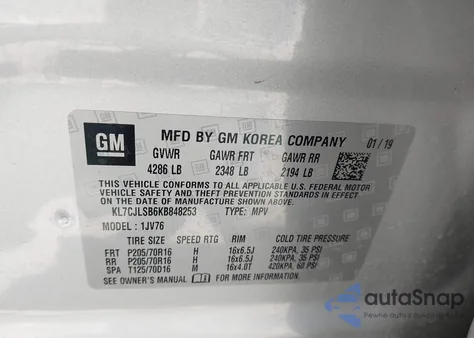 2019 Chevrolet Trax Lt from USA, damaged, VIN KL7CJLSB6KB848253